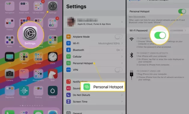 Ikon pengaturan, tombol Hotspot Pribadi, dan sakelar di iOS